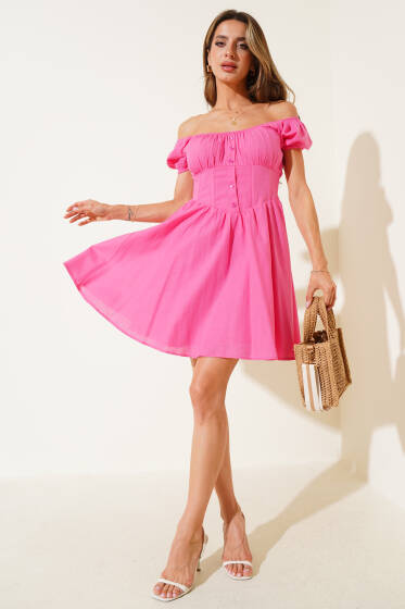 Bel Korseli Düğme Detaylı Mini Elbise Fuşya - Kadın Giyim Modelleri