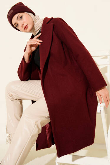 Bel Kuşaklı Astarlı Kaşe Kaban Bordo - Kaban