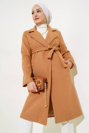 Bel Kuşaklı Astarlı Kaşe Kaban Camel - Kaban