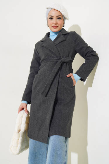 Bel Kuşaklı Astarlı Kaşe Kaban Füme - Kaban