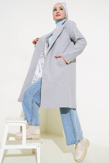 Bel Kuşaklı Astarlı Kaşe Kaban Gri - Kaban