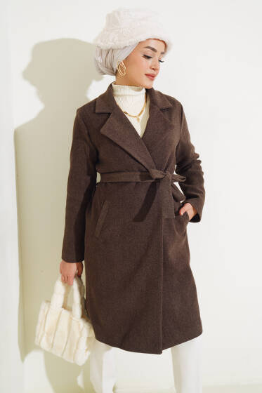 Bel Kuşaklı Astarlı Kaşe Kaban Kahve - Kaban