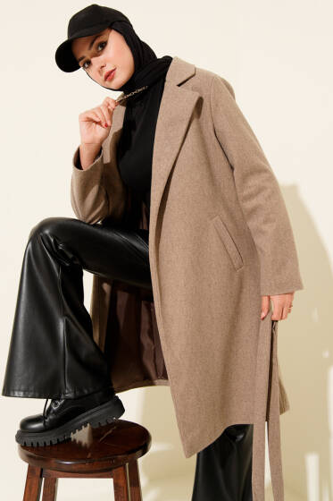 Bel Kuşaklı Astarlı Kaşe Kaban Vizon - Kaban