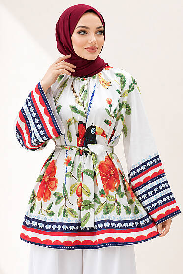 Bel Kuşaklı Çiçek Desenli Tunik Ekru - Tunik