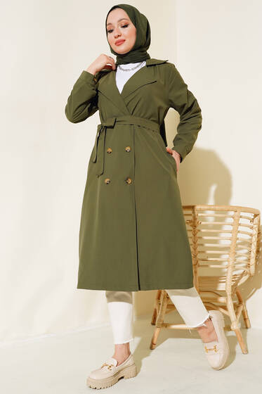 Bel Kuşaklı Düğmeli Trençkot Haki - Trençkot