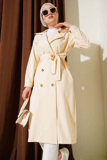 Bel Kuşaklı Düğmeli Trençkot Krem - Trençkot