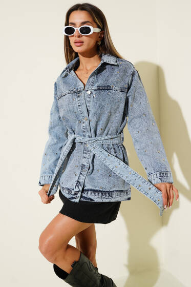 Bel Kuşaklı Gömlek Yaka Ceket Kot Mavisi - Kadın Giyim Modelleri