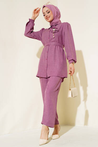 Bel Kuşaklı Keten İkili Takım Gül Kurusu - İkili Takım