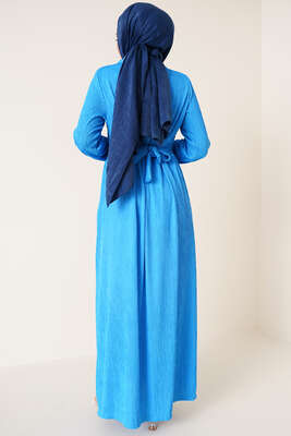 Bel Kuşaklı Klasik Yaka Elbise İndigo - Thumbnail