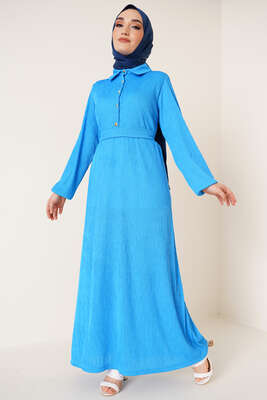 Bel Kuşaklı Klasik Yaka Elbise İndigo - Thumbnail