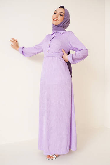 Bel Kuşaklı Klasik Yaka Elbise Lila - Tesettür Elbise