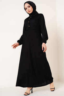 Bel Kuşaklı Klasik Yaka Elbise Siyah - Thumbnail