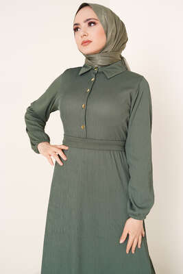 Bel Kuşaklı Klasik Yaka Elbise Yeşil - Bayan Elbise