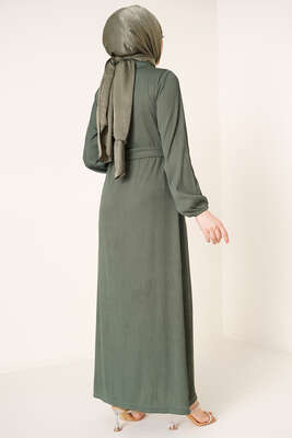 Bel Kuşaklı Klasik Yaka Elbise Yeşil - Bayan Elbise