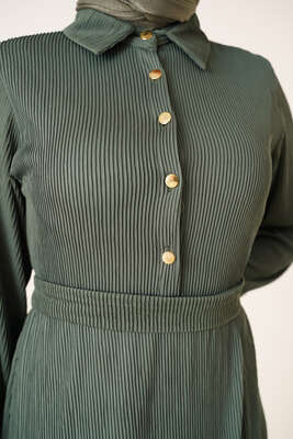 Bel Kuşaklı Klasik Yaka Elbise Yeşil - Bayan Elbise