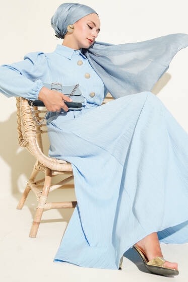 Bel Kuşaklı Krinkıl Elbise Bebe Mavi - Elbise