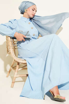 Bel Kuşaklı Krinkıl Elbise Bebe Mavi 