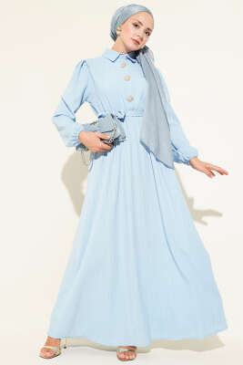 Bel Kuşaklı Krinkıl Elbise Bebe Mavi - Tesettür Elbise