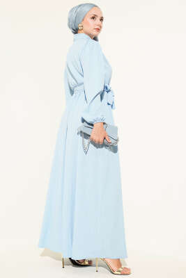 Bel Kuşaklı Krinkıl Elbise Bebe Mavi - Tesettür Elbise