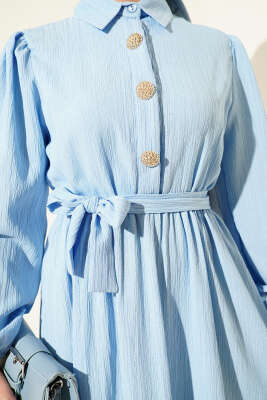 Bel Kuşaklı Krinkıl Elbise Bebe Mavi - Tesettür Elbise