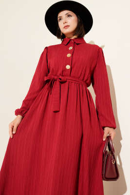 Bel Kuşaklı Krinkıl Elbise Bordo - Tesettür Elbise