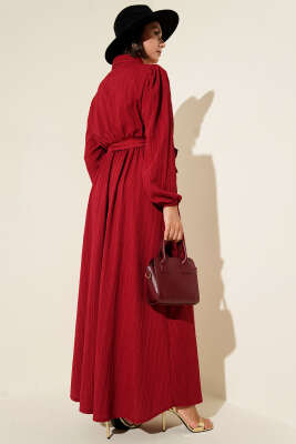 Bel Kuşaklı Krinkıl Elbise Bordo - Tesettür Elbise