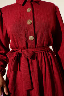 Bel Kuşaklı Krinkıl Elbise Bordo - Tesettür Elbise