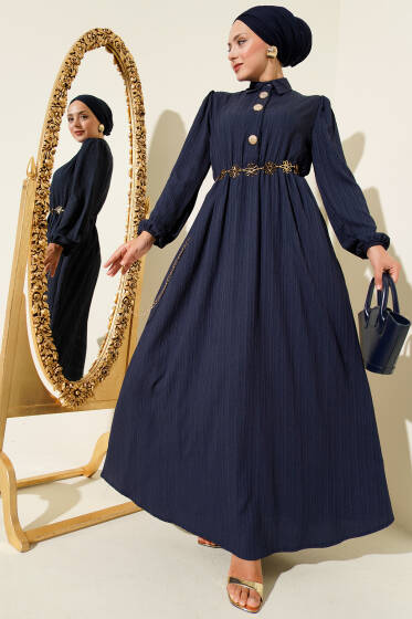 Bel Kuşaklı Krinkıl Elbise Lacivert - Elbise