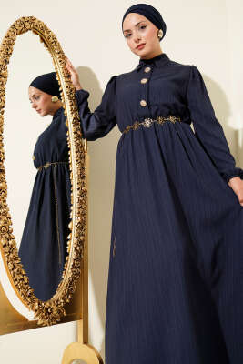Bel Kuşaklı Krinkıl Elbise Lacivert - Tesettür Elbise