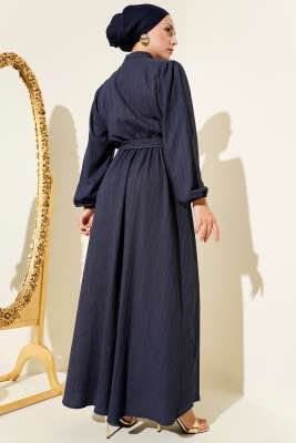 Bel Kuşaklı Krinkıl Elbise Lacivert - Tesettür Elbise