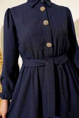 Bel Kuşaklı Krinkıl Elbise Lacivert - Tesettür Elbise