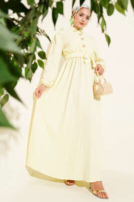 Bel Kuşaklı Krinkıl Elbise Sarı - Tesettür Elbise