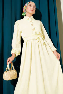 Bel Kuşaklı Krinkıl Elbise Sarı - Tesettür Elbise