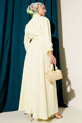 Bel Kuşaklı Krinkıl Elbise Sarı - Tesettür Elbise