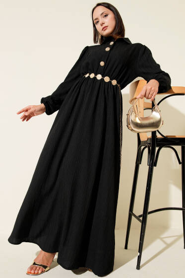 Bel Kuşaklı Krinkıl Elbise Siyah - Elbise