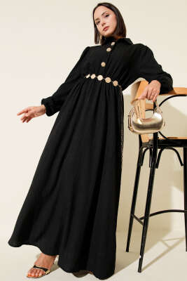 Bel Kuşaklı Krinkıl Elbise Siyah 