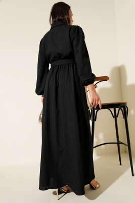 Bel Kuşaklı Krinkıl Elbise Siyah - Tesettür Elbise
