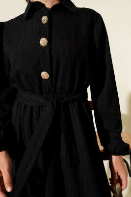 Bel Kuşaklı Krinkıl Elbise Siyah - Tesettür Elbise