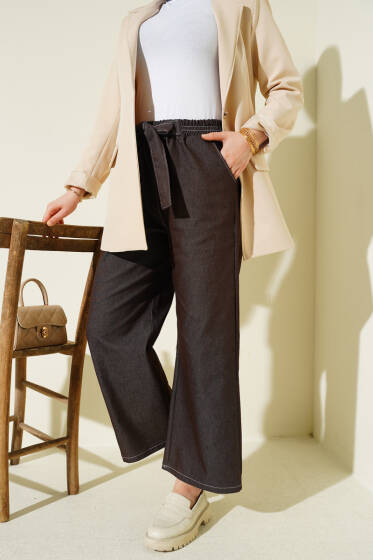 Bel Kuşaklı Lastikli Pantolon Kahve - Pantolon