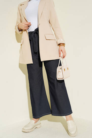 Bel Kuşaklı Lastikli Pantolon Lacivert - Pantolon