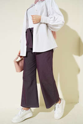 Bel Kuşaklı Lastikli Pantolon Mürdüm - MUSTİ