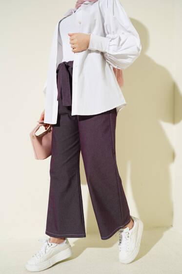 Bel Kuşaklı Lastikli Pantolon Mürdüm - Pantolon