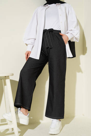Bel Kuşaklı Lastikli Pantolon Siyah - Pantolon