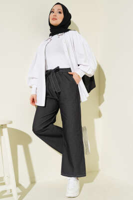 Bel Kuşaklı Lastikli Pantolon Siyah - Pantolon