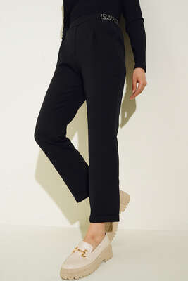 Bel Lastik Detaylı Duble Paça Pantolon Siyah - Pantolon