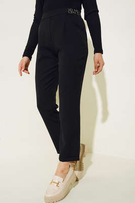 Bel Lastik Detaylı Duble Paça Pantolon Siyah - Pantolon