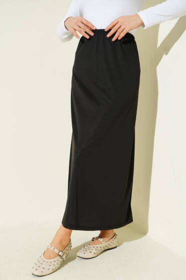 Bel Lastik Detaylı Jipon Siyah - Uzun Etek