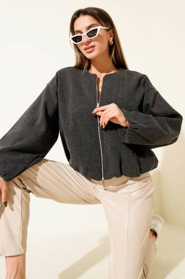 Bel Lastik Detaylı Kaşe Ceket Antrasit - Kadın Giyim Modelleri