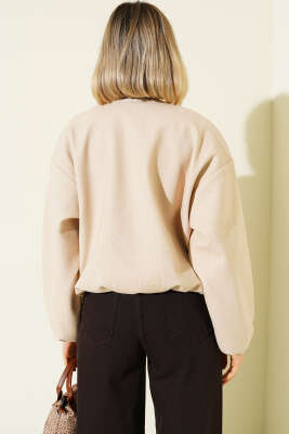 Bel Lastik Detaylı Kaşe Ceket Bej - Kadın Giyim Modelleri