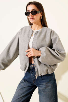 Bel Lastik Detaylı Kaşe Ceket Gri - Kadın Giyim Modelleri